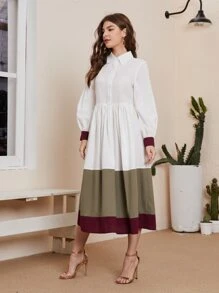 SHEIN Bishop Sleeve Colourblock Dress - White - View 4