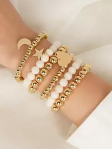 Bộ 6 chiếc vòng tay nhựa CCB họa tiết ngôi sao, trăng, trái tim phong cách Trung Đông cổ điển Boho, thích hợp cho dịp Ramadan, phối đồ thường ngày và ngày lễ. - Vàng - Xem 3