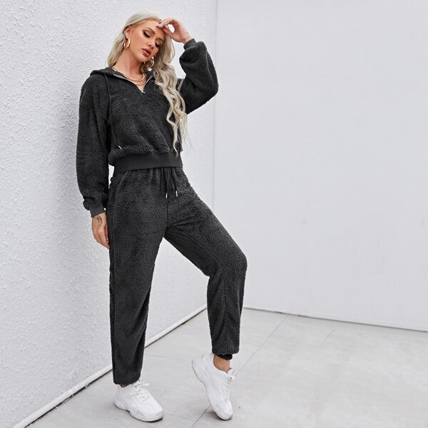 

Zip Half Placket Teddy Hoodie & Sweatpants Set, Dark grey