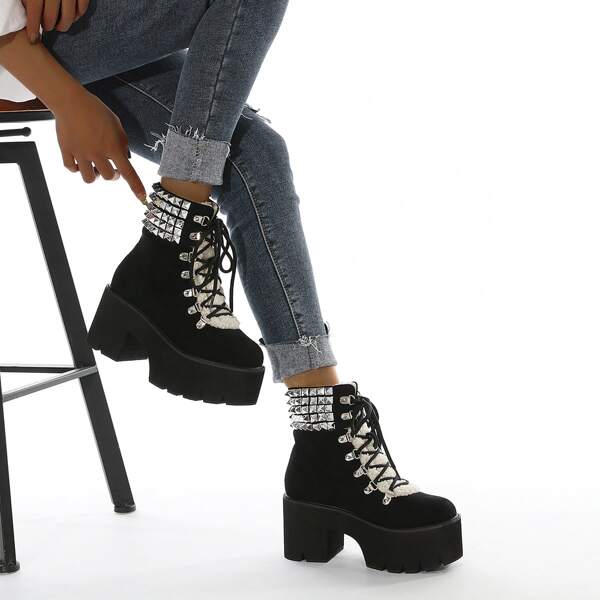 

Studded Decor Lace-up Front Combat Boots, Black