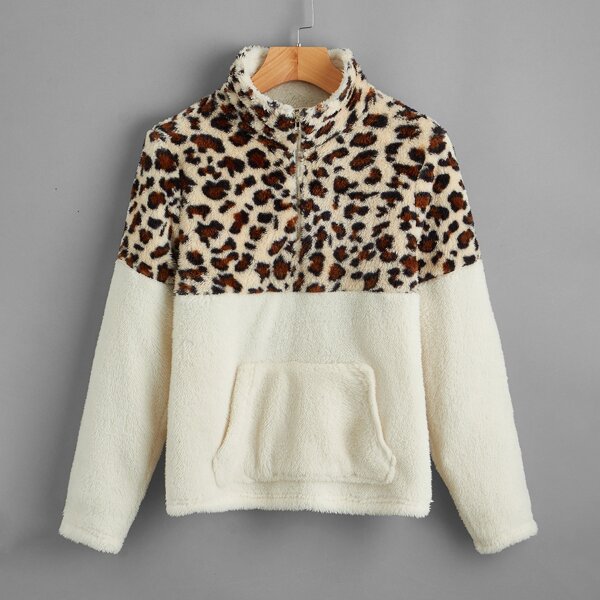 

Funnel Neck Leopard Colorblock Teddy Pullover, Multicolor