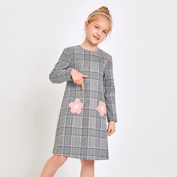 

Girls Zipper Back Faux Fur Patched Plaid Dress, Black and white