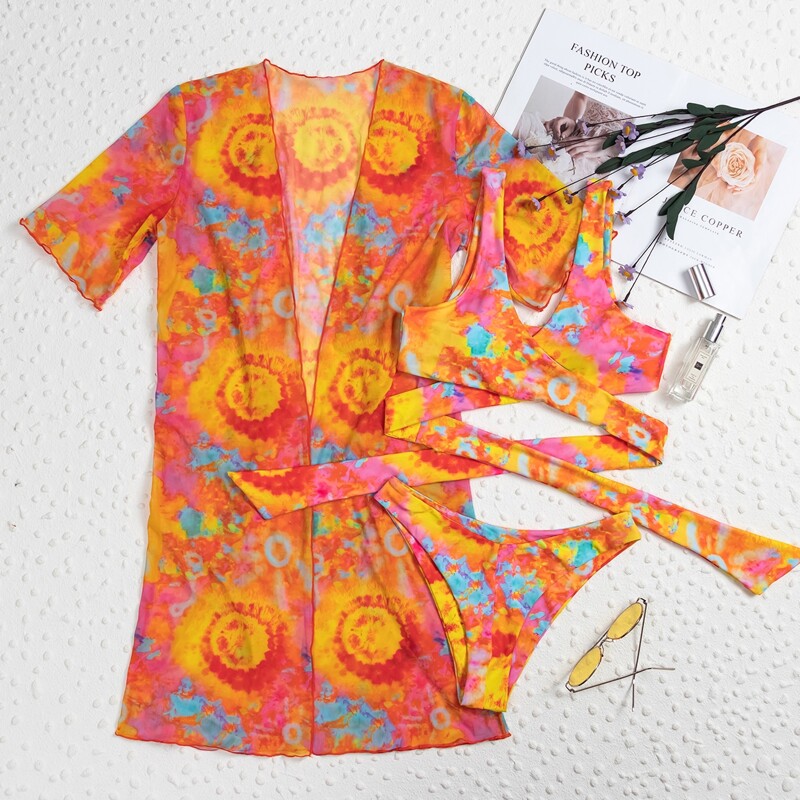 

3pack Tie Dye Cross Wrap Bikini Swimsuit & Kimono, Multicolor