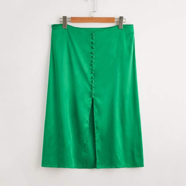 

Plus Covered Button Slit Hem Skirt, Green