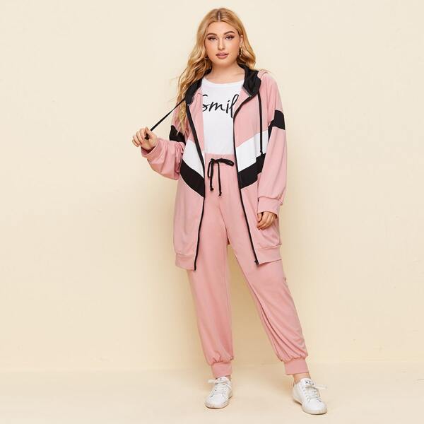 

Plus Color-block Drawstring Zip-up Hoodie & Sweatpants, Baby pink