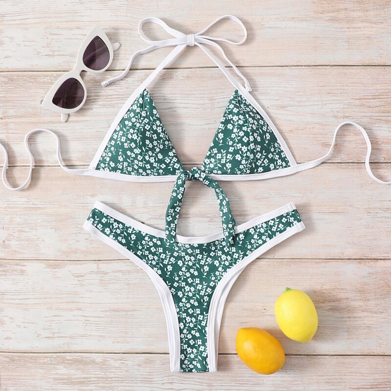 

Ditsy Floral High Cut Bikini Swimsuit, Dark green