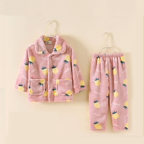 

Toddler Girls Flannel Dual Pocket Pineapple Print PJ Set, Dusty pink