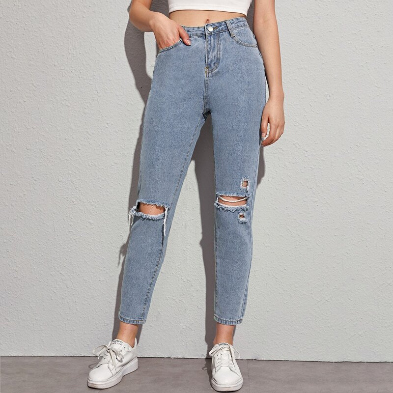 

Ripped Knee High Waist Jeans, Blue