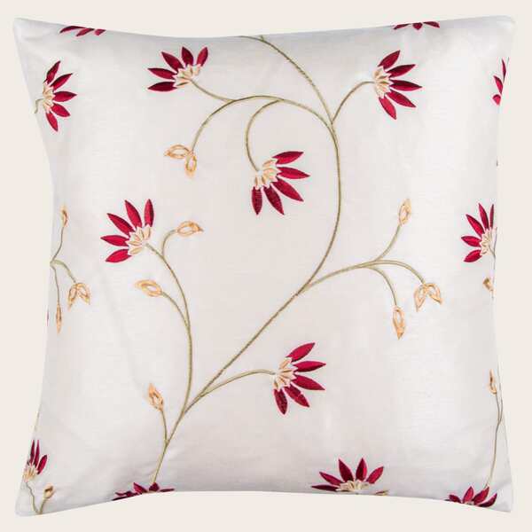

Flower Embroidery Cushion Cover Without Filler, Red