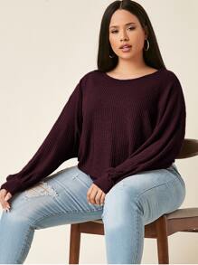 SHEIN EZwear 大碼蝙蝠袖華夫格針織T恤 - 紫紅色 - 查看 1
