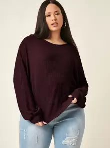 SHEIN EZwear 大碼蝙蝠袖華夫格針織T恤 - 紫紅色 - 查看 3