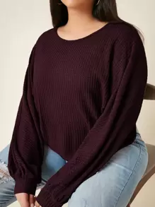 SHEIN EZwear 大碼蝙蝠袖華夫格針織T恤 - 紫紅色 - 查看 4