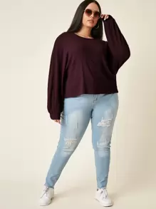 SHEIN EZwear 大碼蝙蝠袖華夫格針織T恤 - 紫紅色 - 查看 5