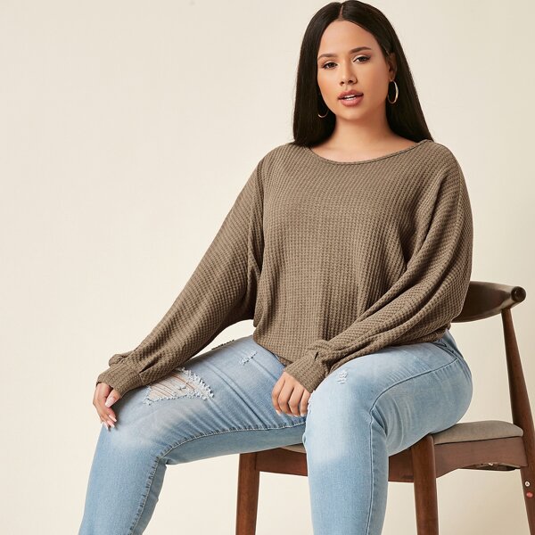 

Plus Batwing Sleeve Waffle Knit Tee, Mocha brown