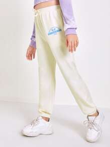SHEIN Girls Slogan Graphic Joggers - Beige - View 3