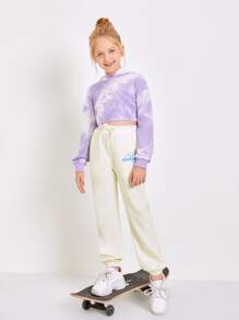 SHEIN Girls Slogan Graphic Joggers - Beige - View 5