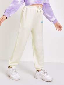 SHEIN Girls Slogan Graphic Joggers - Beige - View 4