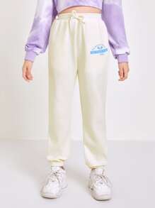SHEIN Girls Slogan Graphic Joggers - Beige - View 1