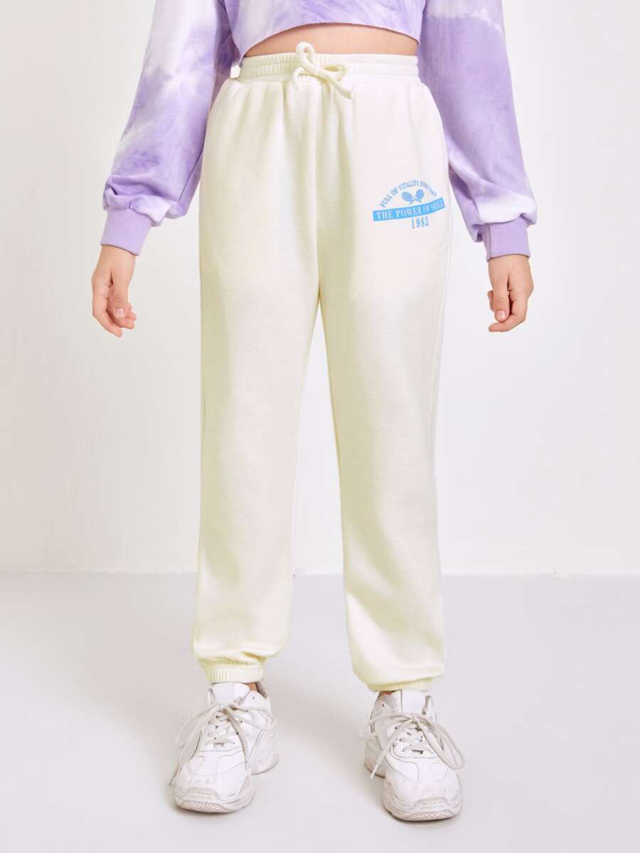 SHEIN Girls Slogan Graphic Joggers - Beige - View 1