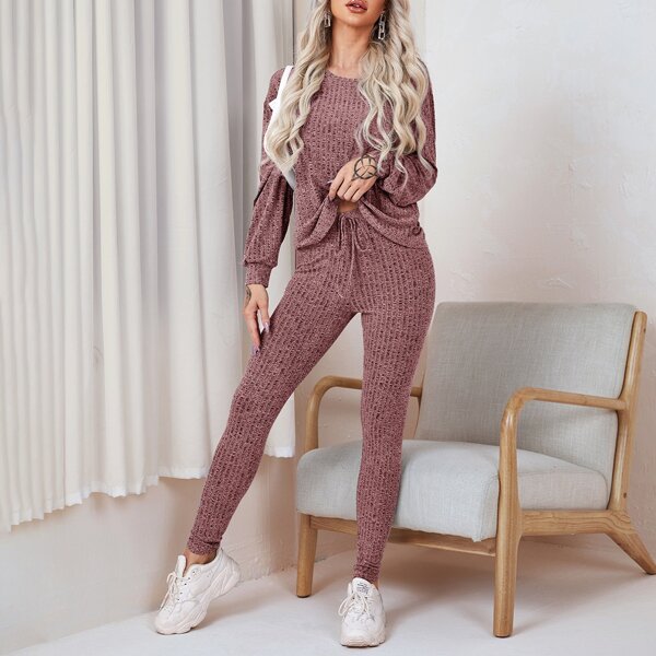 

Drop Shoulder Tee and Knotted Waist Leggings Set, Redwood