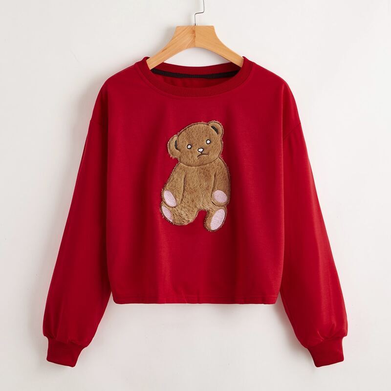 

Cartoon Bear Drop Shoulder Sweatshirt, Red