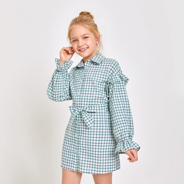 

Girls Ruffle Trim Self Belted Grid Dress, Multicolor