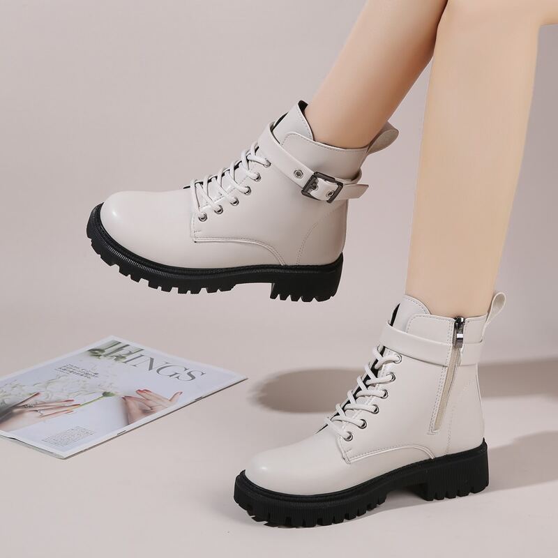 

Buckle Decor Combat Boots, Beige