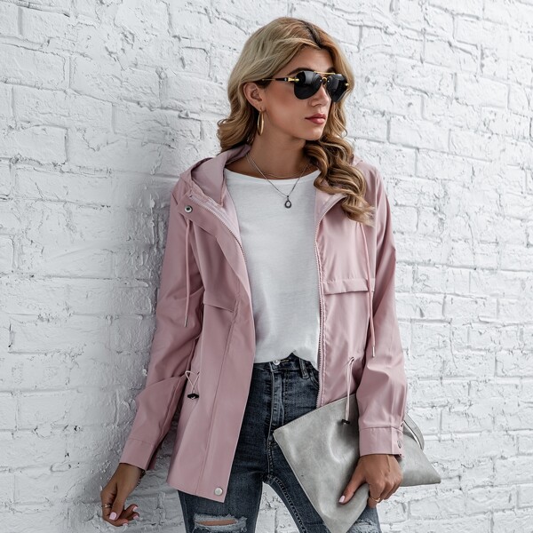 

Drawstring Waist Zip Up Hooded Windbreaker Jacket, Dusty pink
