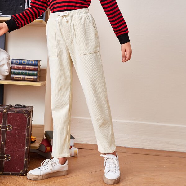 

Boys Pocket Front Drawstring Waist Cord Pants, Beige