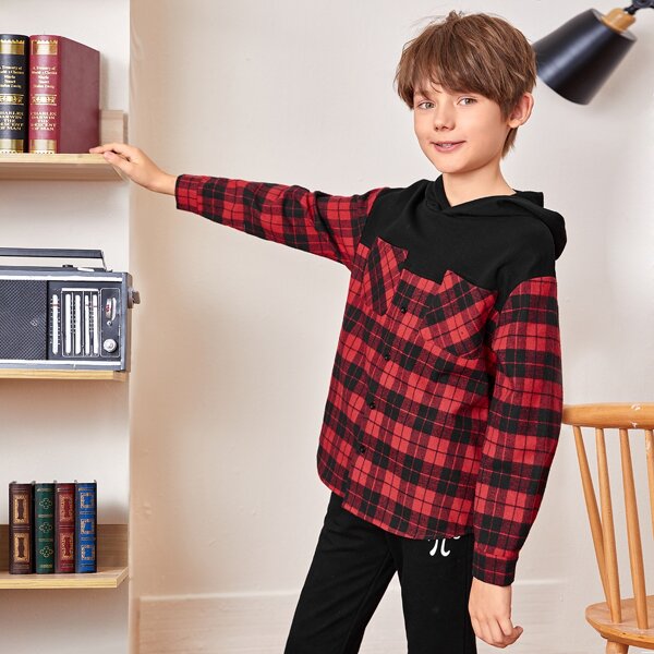 

Boys Pocket Front Plaid Colorblock Hoodie, Multicolor