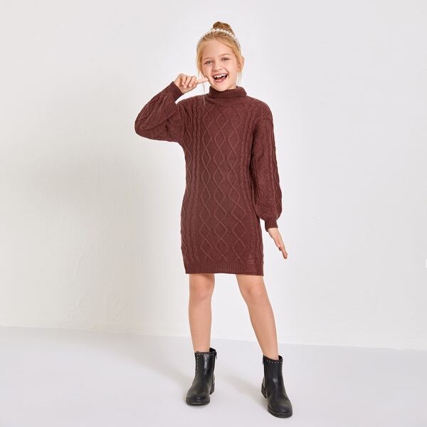 

Girls Rolled Neck Cable Knit Sweater Dress, Rust brown