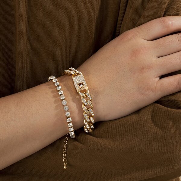 

2pcs Men Rhinestone Decor Bracelet, Gold