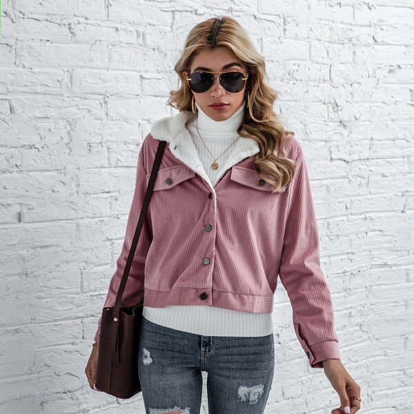 

Shearing Lined Button Front Cord Jacket, Dusty pink