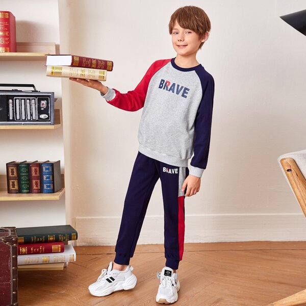 

Boys Letter Graphic Colorblock Pullover & Sweatpants Set, Multicolor