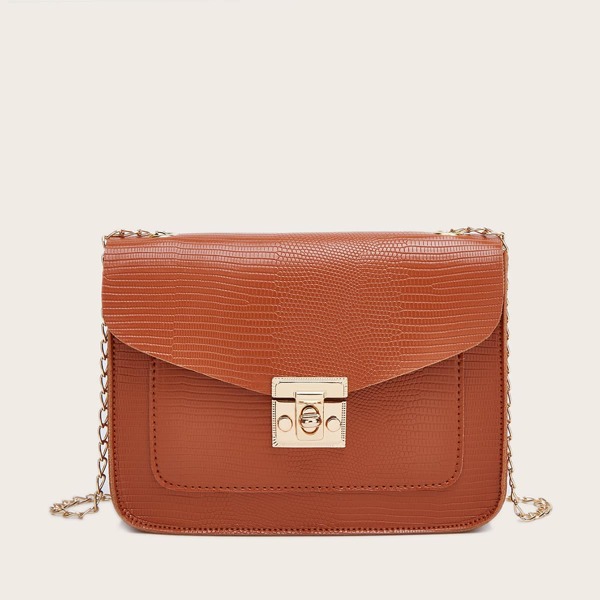

Metal Turn-Lock Lizard Crossbody Bag, Brown