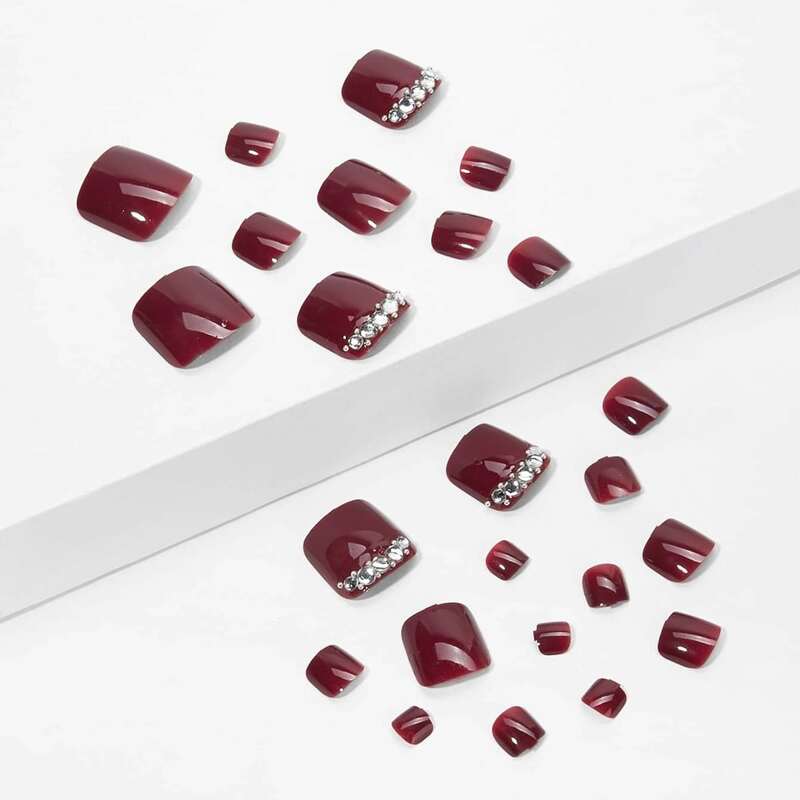 

24pcs Rhinestone Decor Fake Toenail, Red