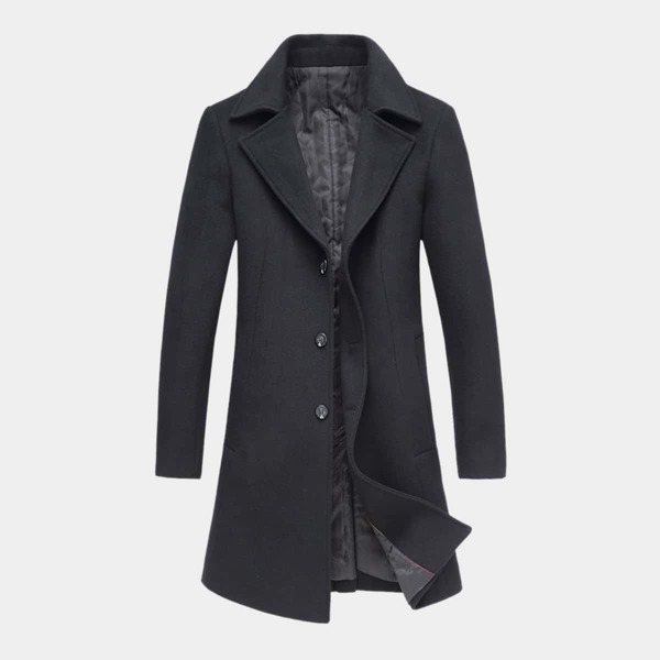 

Men Lapel Collar Button Front Overcoat, Black
