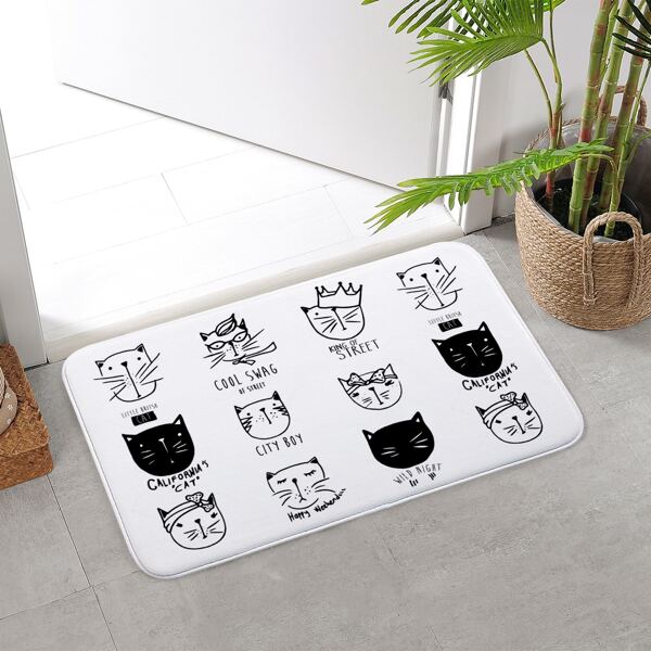 

Cartoon Cat Print Floor Mat, Black and white