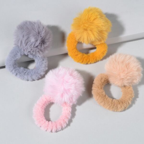 

4pcs Pom Pom Decor Plain Scrunchie, Multicolor