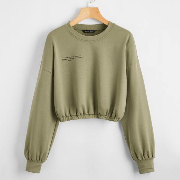 

Drop Shoulder Slogan Graphic Crop Pullover, Army green