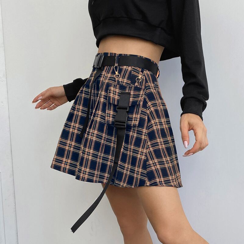 

Plaid Flap Pocket Belted Skirt, Multicolor