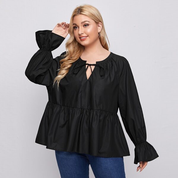 

Plus Tie Neck Flounce Sleeve Peplum Top, Black