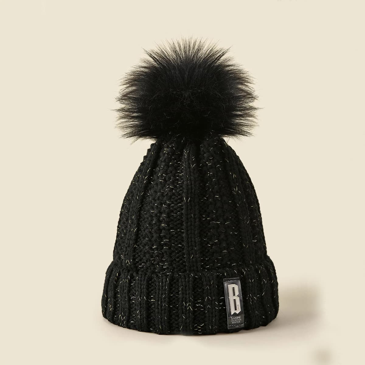 

Letter Patched Pom Pom Knit Beanie, Black