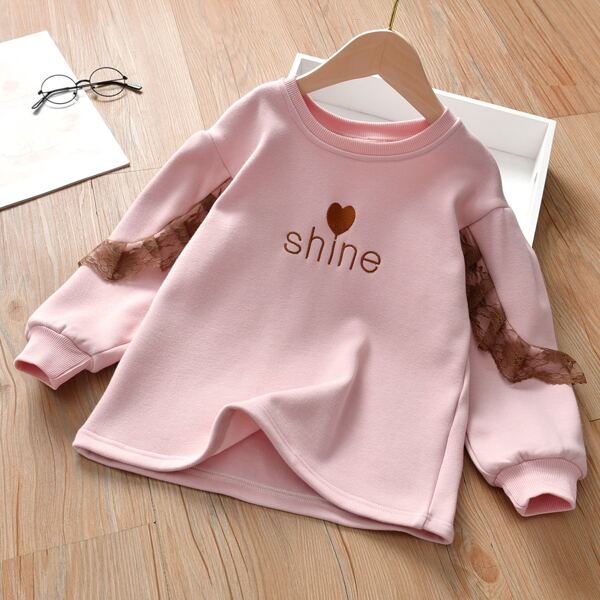 

Toddler Girls Letter Embroidery Contrast Lace Sweatshirt, Baby pink