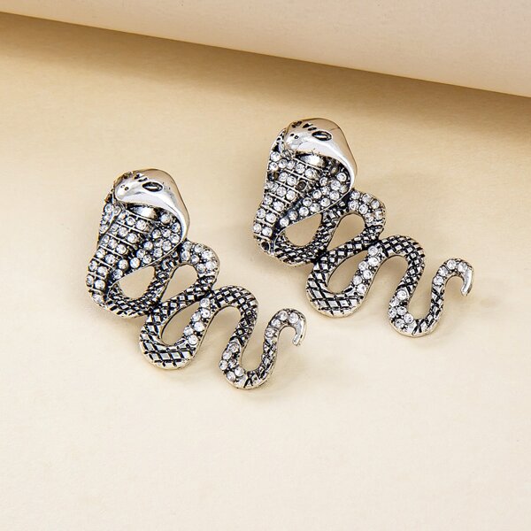 

Rhinestone Snake Stud Earrings, Antique silver