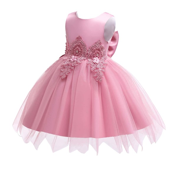

Baby Girl Pearls Appliques Mesh Panel Gown Dress, Dusty pink