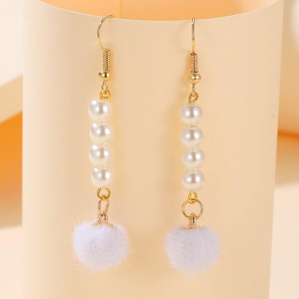 

Faux Pearl Decor Pom-pom Drop Earrings, White