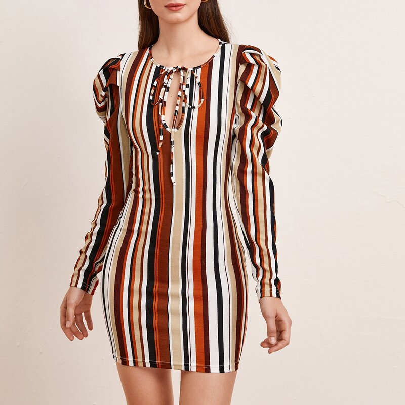 

Tie Neck Puff Sleeve Striped Dress, Multicolor