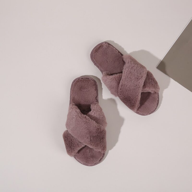 

Minimalist Cross Strap Fluffy Slippers, Hot pink