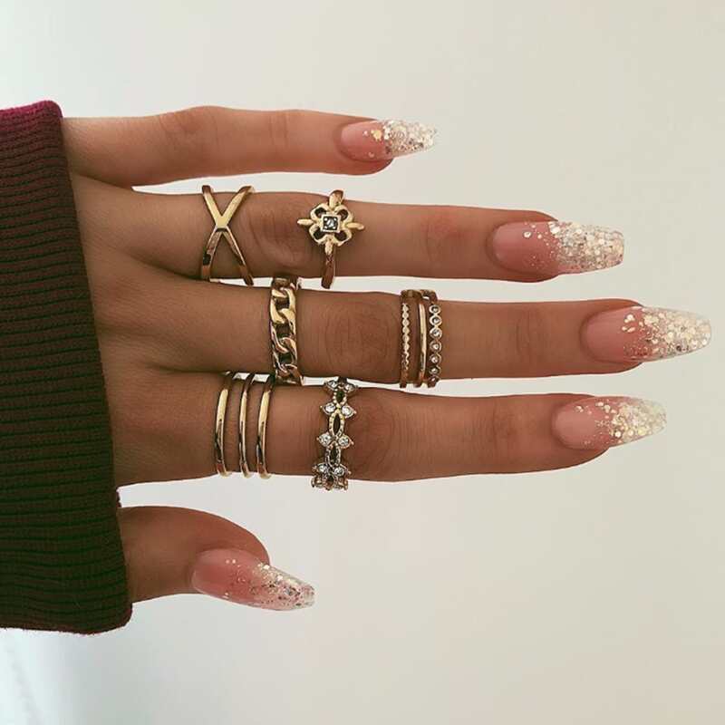 

8pcs Rhinestone Chain Ring, Gold